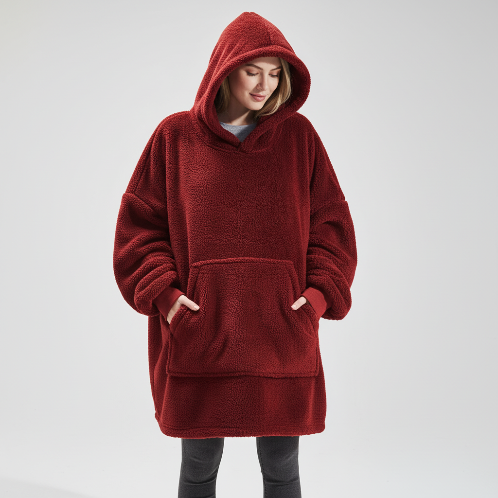 Women wearing oversized fleece hoodie robe at home — cosy autumn evening look