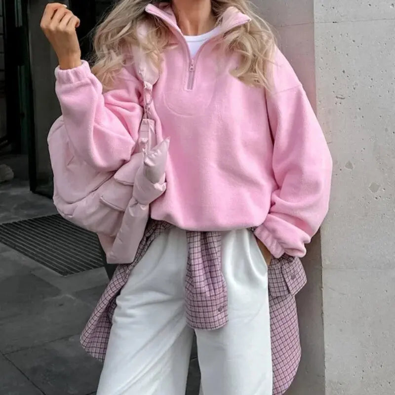 Selvie women's fleece sweatshirt in pink with half-zip and stand collar