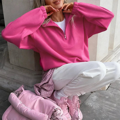 Selvie fleece sweatshirt styled with jeans for a casual winter look