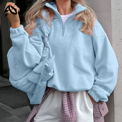 Selvie magenta women's sweatshirt worn as a cosy layering piece