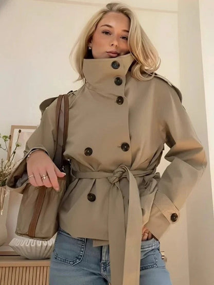 Stella women's classic khaki trench jacket with double-breasted front and stand collar