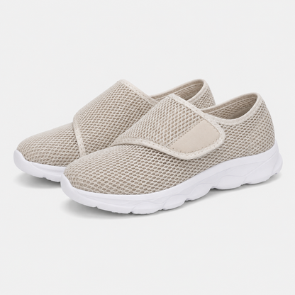 Mesh upper construction on wide-fit walking shoe, angled view