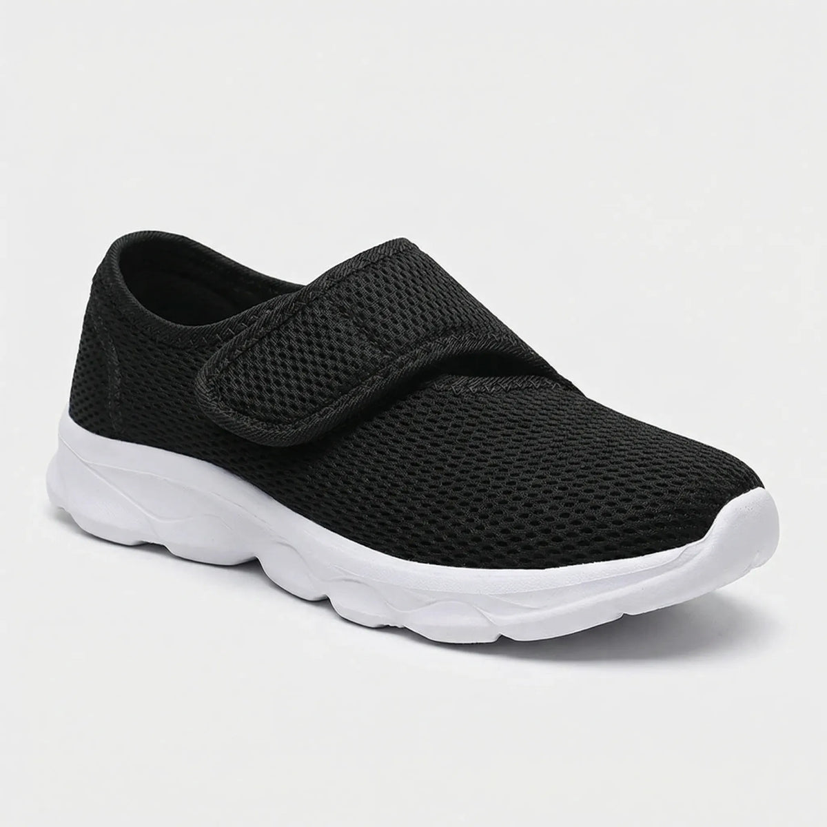Women's orthopedic shoe in blue showing adjustable strap detail