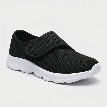 Women's orthopedic shoe in blue showing adjustable strap detail
