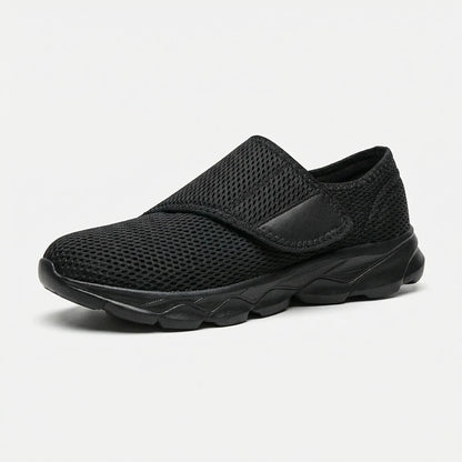 Wide-fit orthopedic shoe with roomy toe box, side view