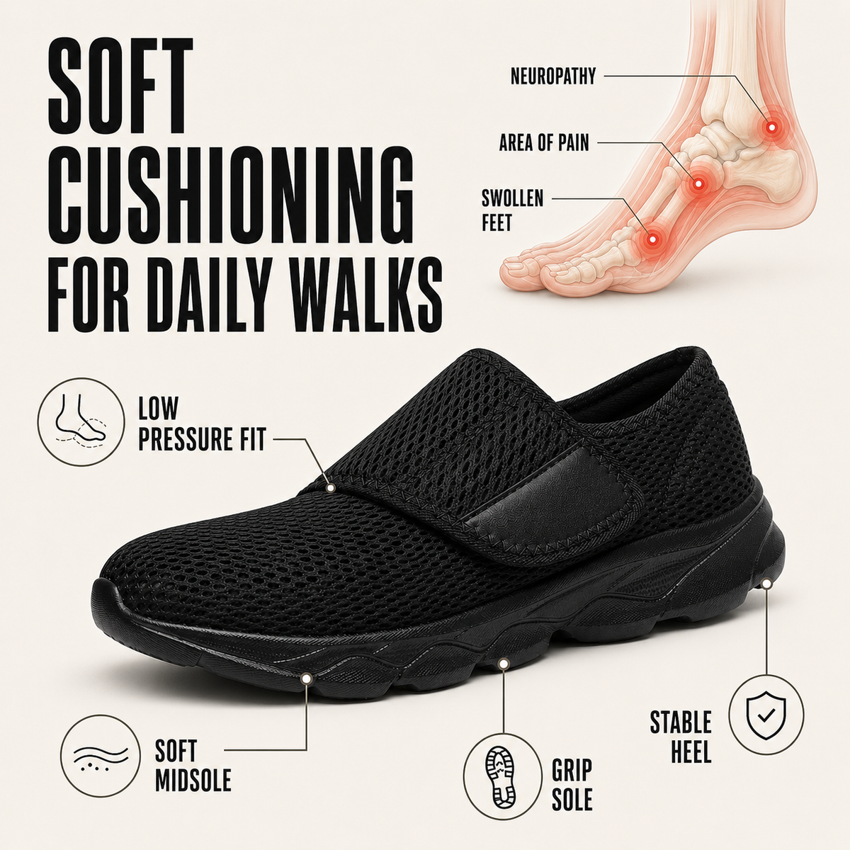 Adjustable hook-and-loop strap on women's orthopedic walking shoe