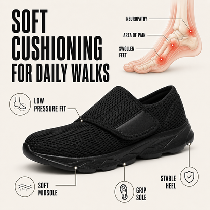 Adjustable hook-and-loop strap on women's orthopedic walking shoe