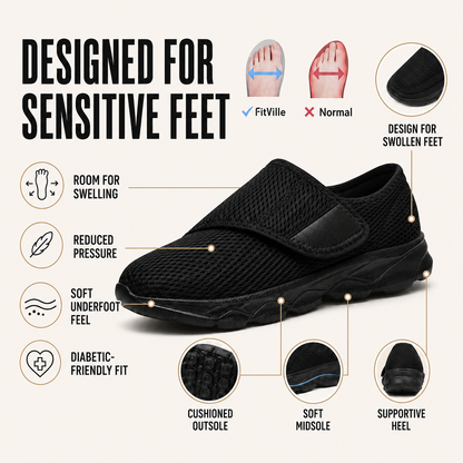 Breathable mesh upper on wide-fit orthopedic shoe, close-up