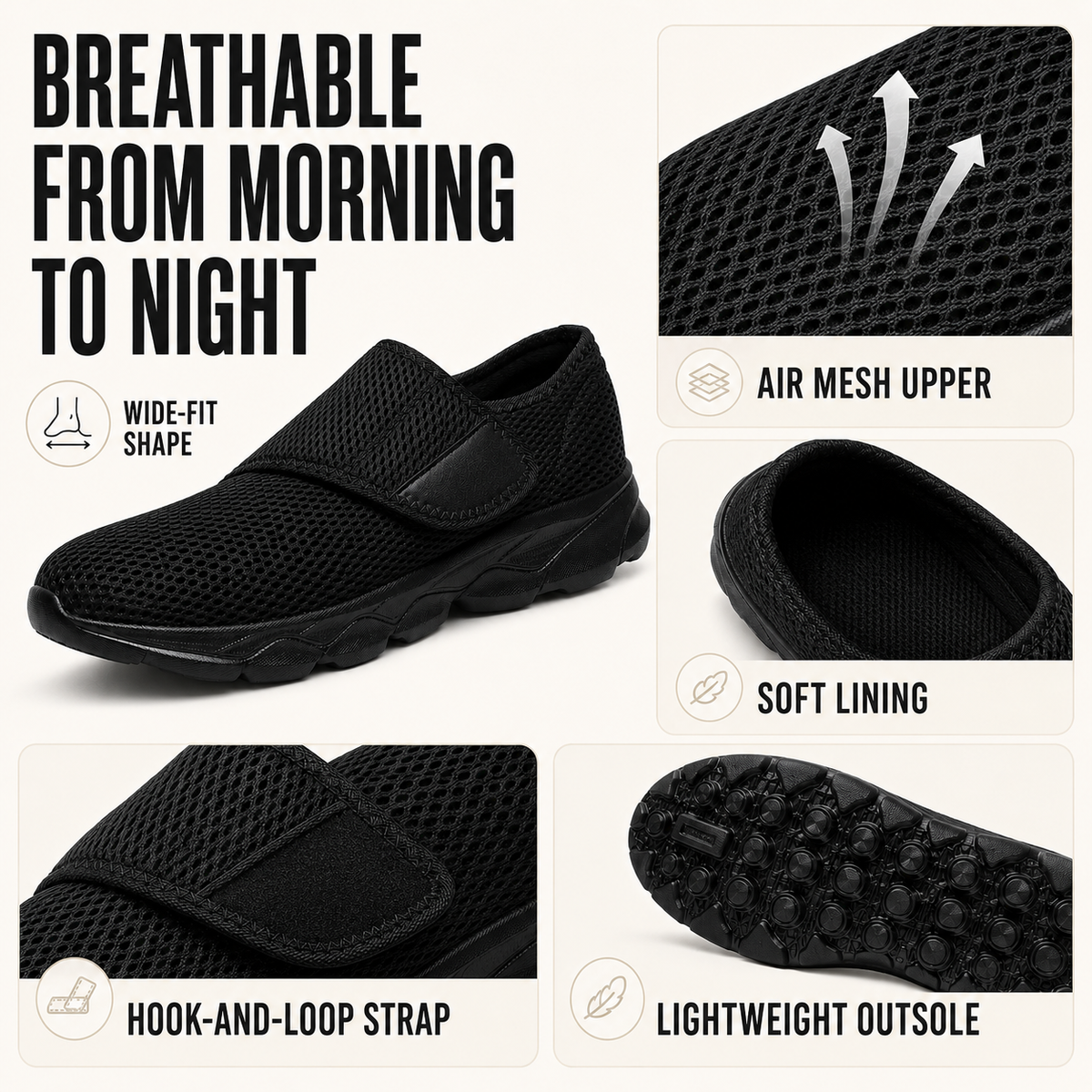 Wide-fit orthopedic shoe in black and white colourway