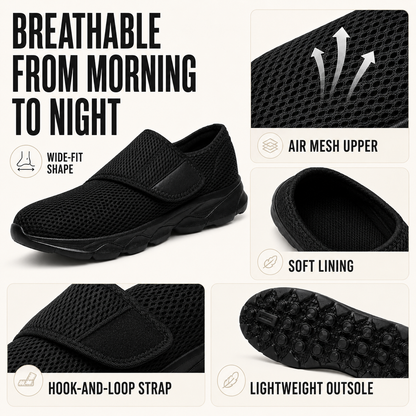 Wide-fit orthopedic shoe in black and white colourway