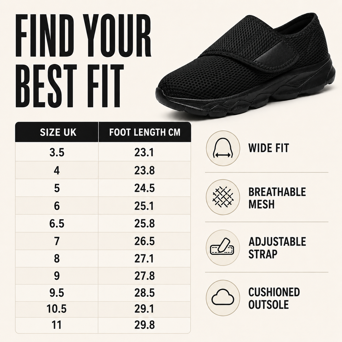 Roomy toe box design of wide-fit orthopedic walking shoe