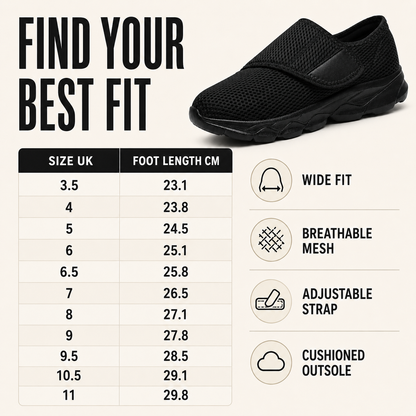 Roomy toe box design of wide-fit orthopedic walking shoe