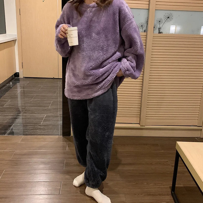Women's fleece pyjama set shown in full length view