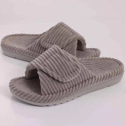 Women's open-toe plush slippers in all four colours laid flat