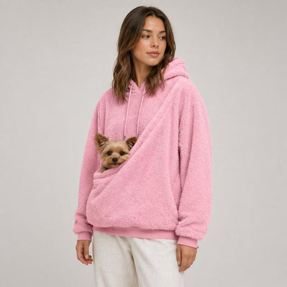 Women's kangaroo pouch fleece hoodie with small dog in front pocket