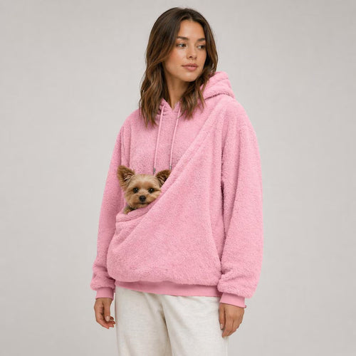 Women's kangaroo pouch fleece hoodie with small dog in front pocket