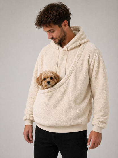 Oversized pet hoodie in light brown with built-in pet pouch