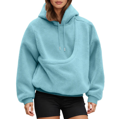 Black women's kangaroo hoodie with pet sitting in front pouch