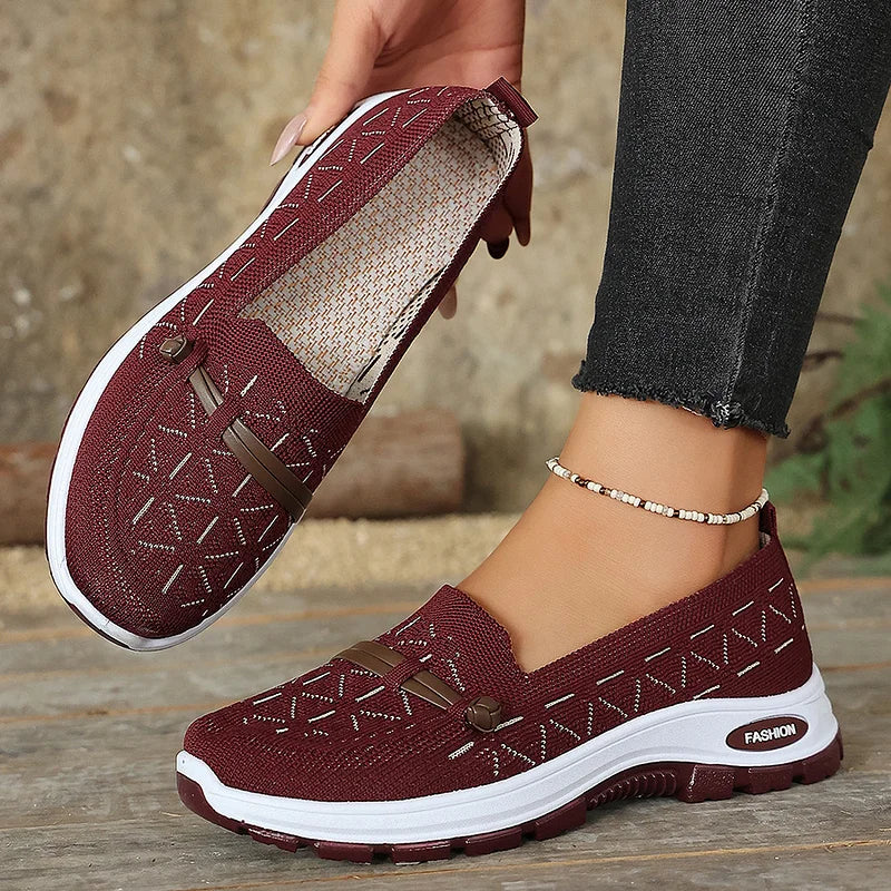 Brown women's lightweight slip-on shoes with flexible knit upper