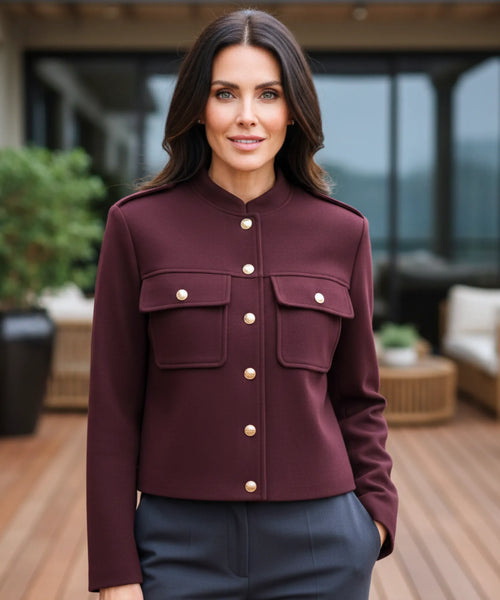 Women's military wool jacket with gold buttons in burgundy – front view