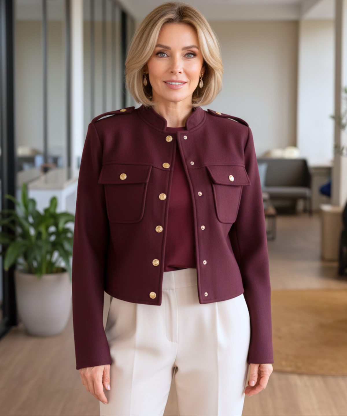 Women's military wool jacket styled for a professional office look