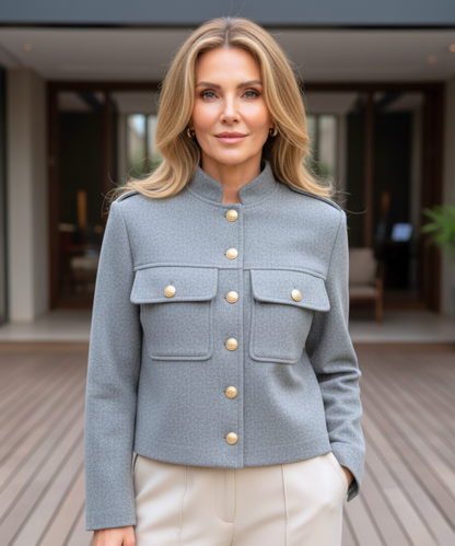 Women's cognac wool jacket with military tailoring and gold button detail