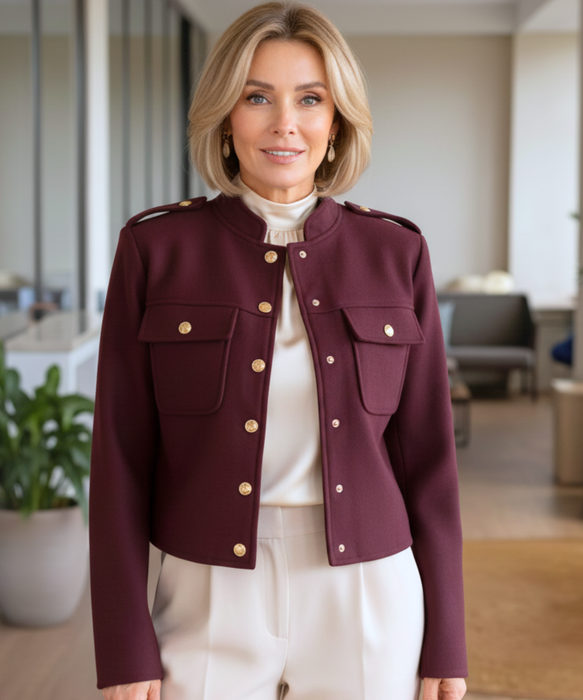 Women's military wool jacket showing fitted cuffs and sleeve detail