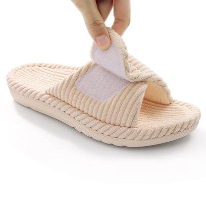 Maeva women's open-toe plush slippers in black with faux fur lining