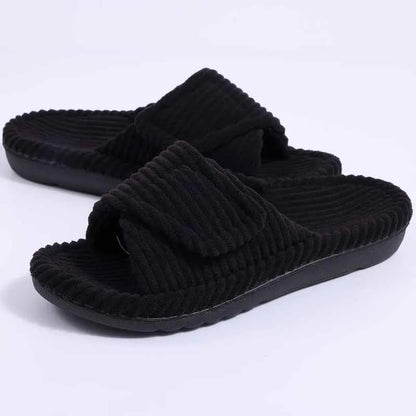 Top-down view of women's fuzzy plush slippers showing open-toe design