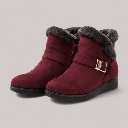 Side view of women's warm suede ankle boots with adjustable strap