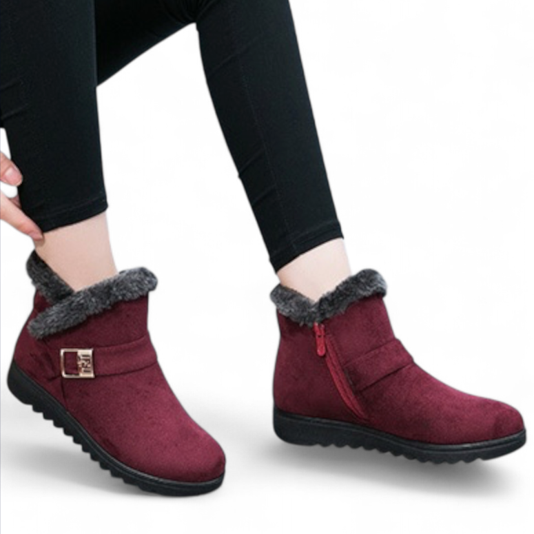Close-up of faux fur lining inside women's winter ankle boots