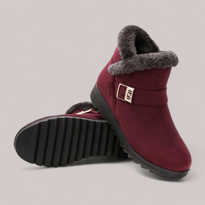 Women's brown fur-lined ankle boots with hook-and-loop closure