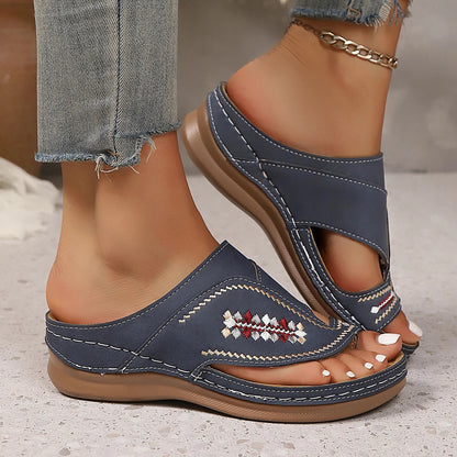 Loria women's platform sandals in brown with contrast stitching and wide instep strap