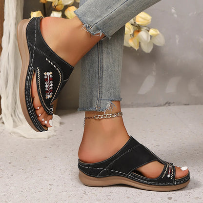 Top-down view of Loria wedge sandals showing decorative embroidery on the upper