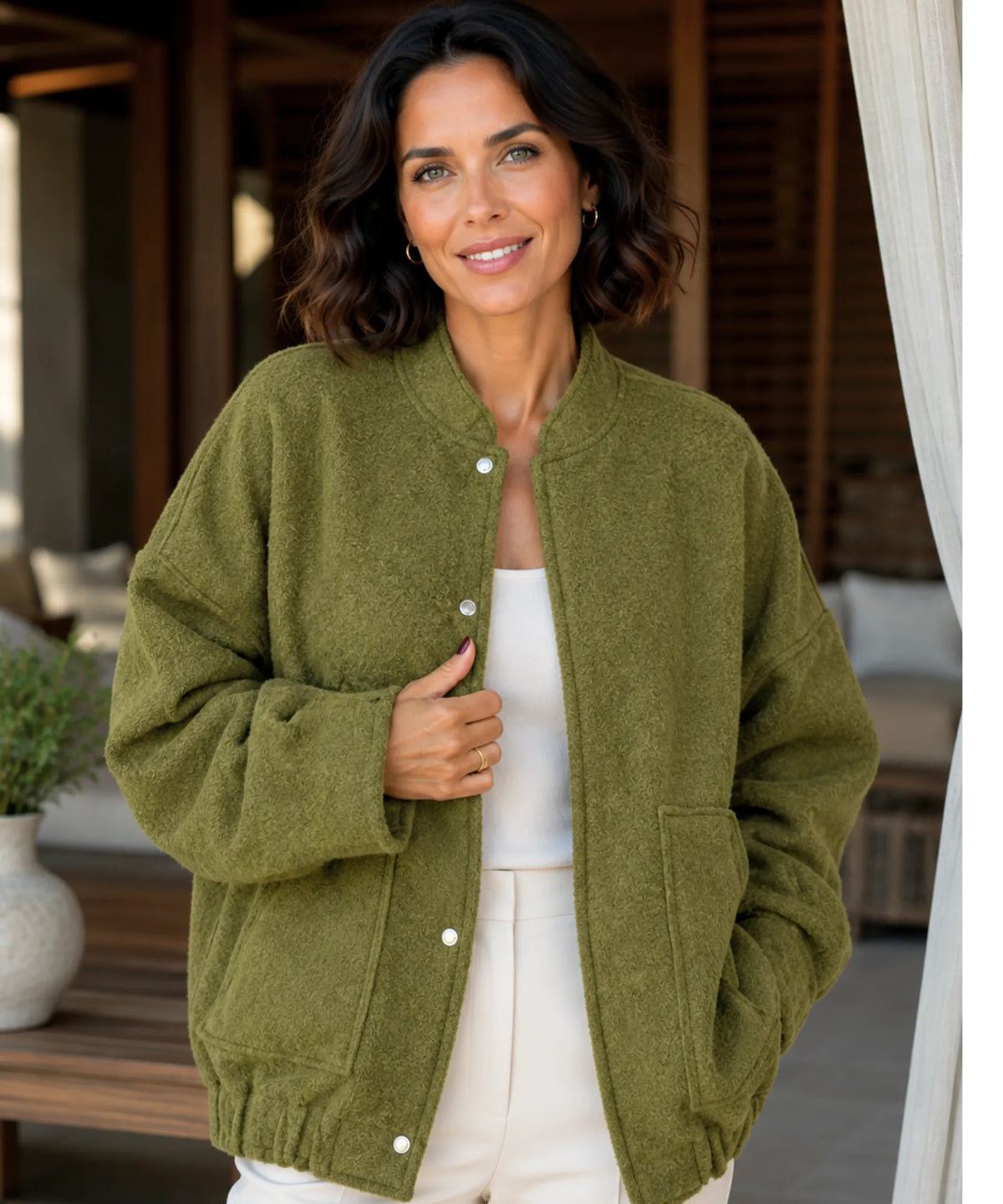 Lena women's oversized bouclé bomber jacket in ivory with side pockets
