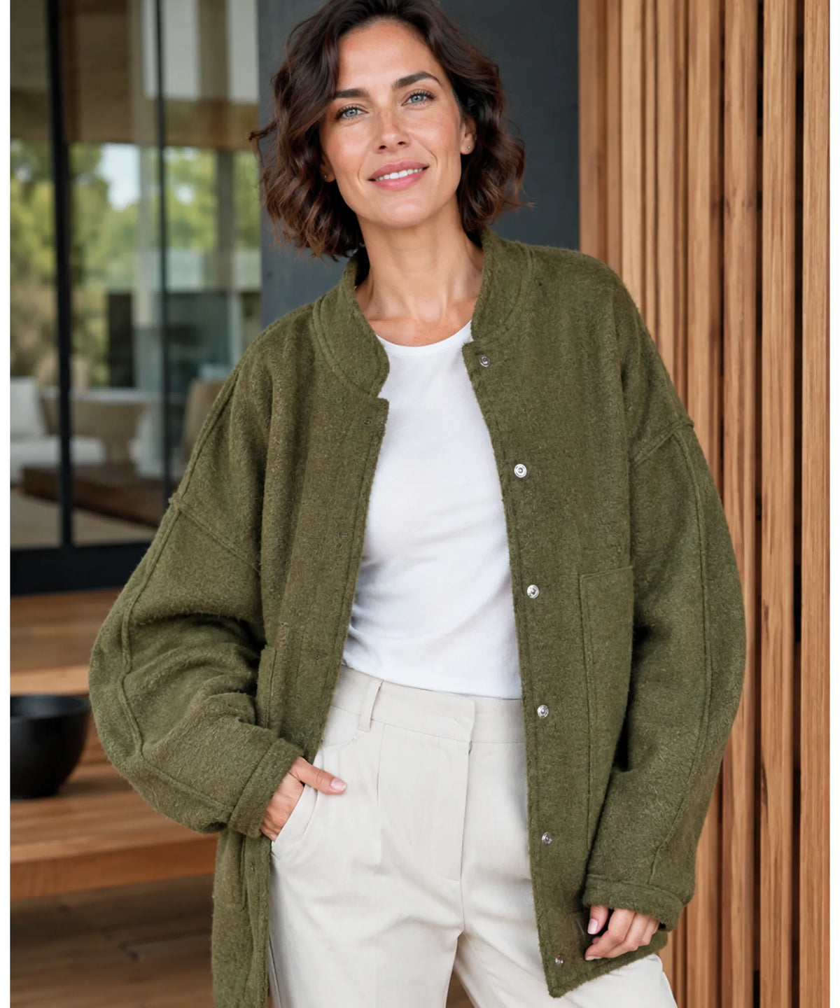 Bouclé bomber jacket in white styled for smart casual work look
