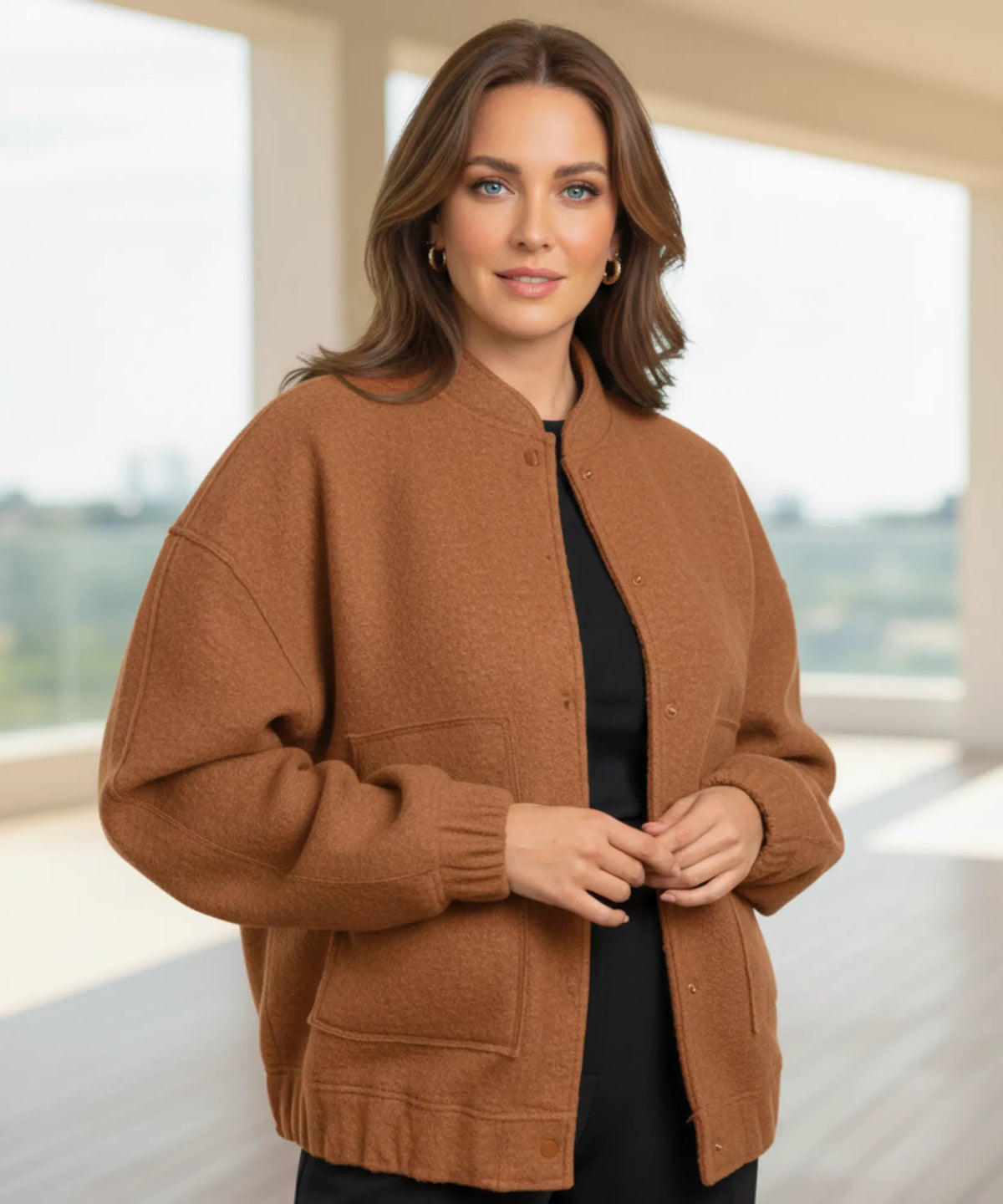 Women's bouclé bomber jacket in charcoal styled for weekend outfit