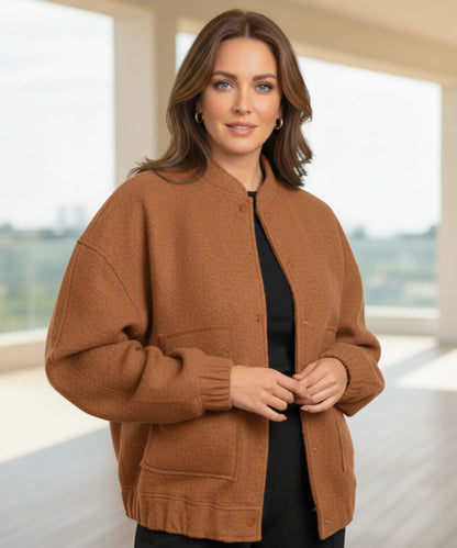 Women's bouclé bomber jacket in charcoal styled for weekend outfit