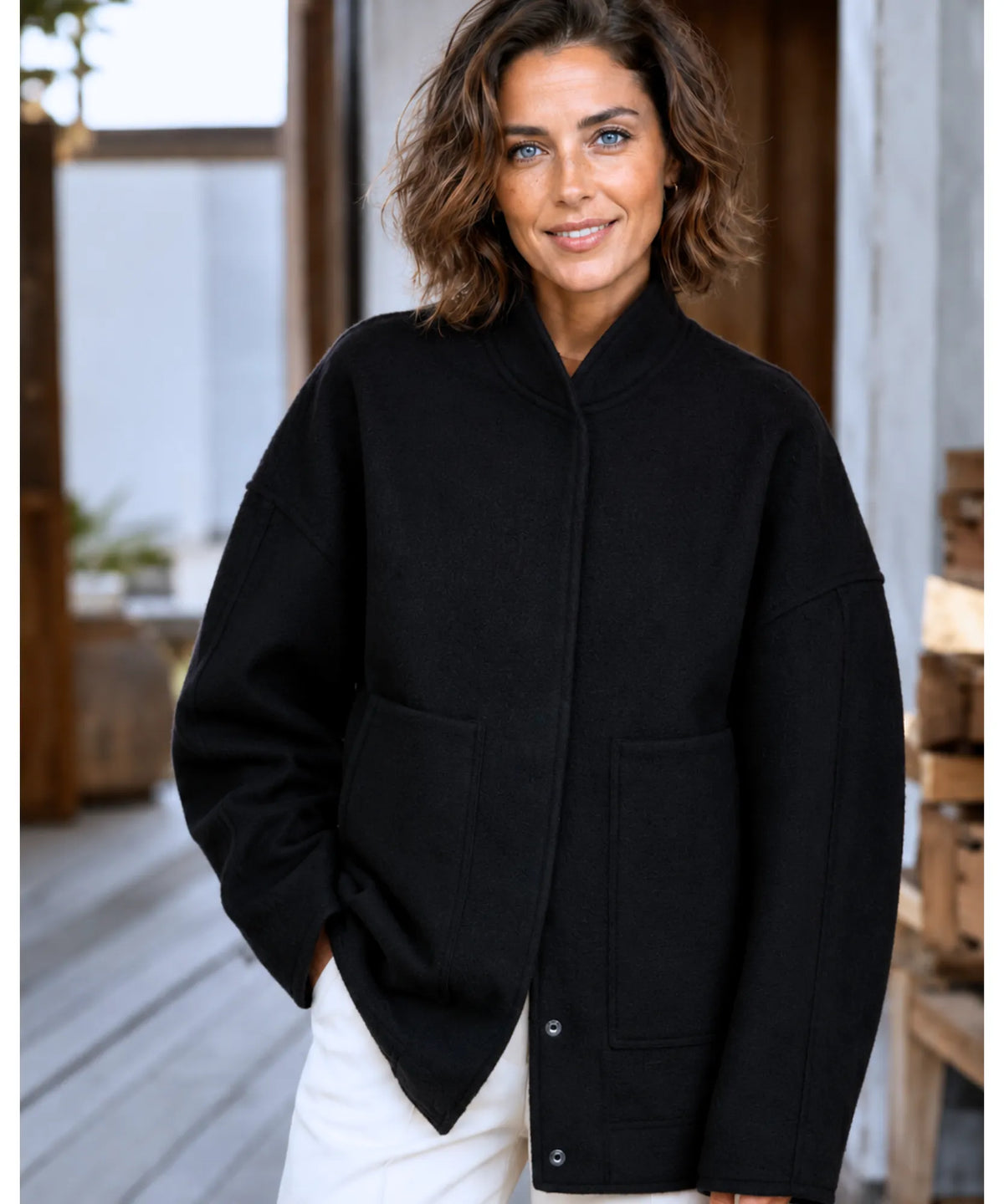 Black oversized bouclé wool bomber jacket for women