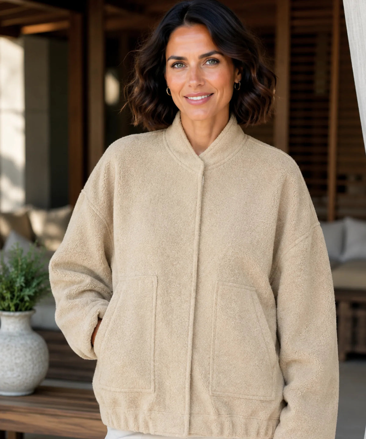 Charcoal bouclé bomber jacket with smooth front zipper detail
