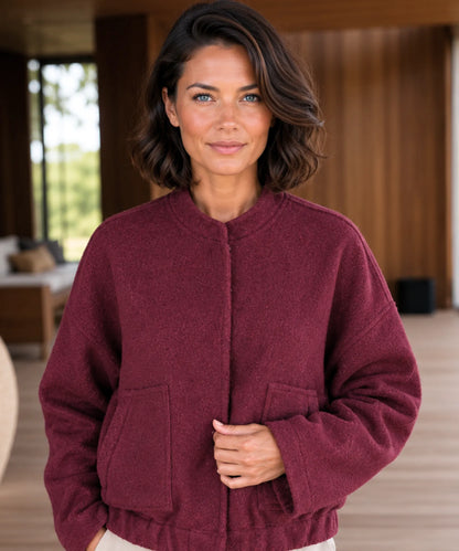 Camel coloured women's bouclé bomber jacket oversized silhouette