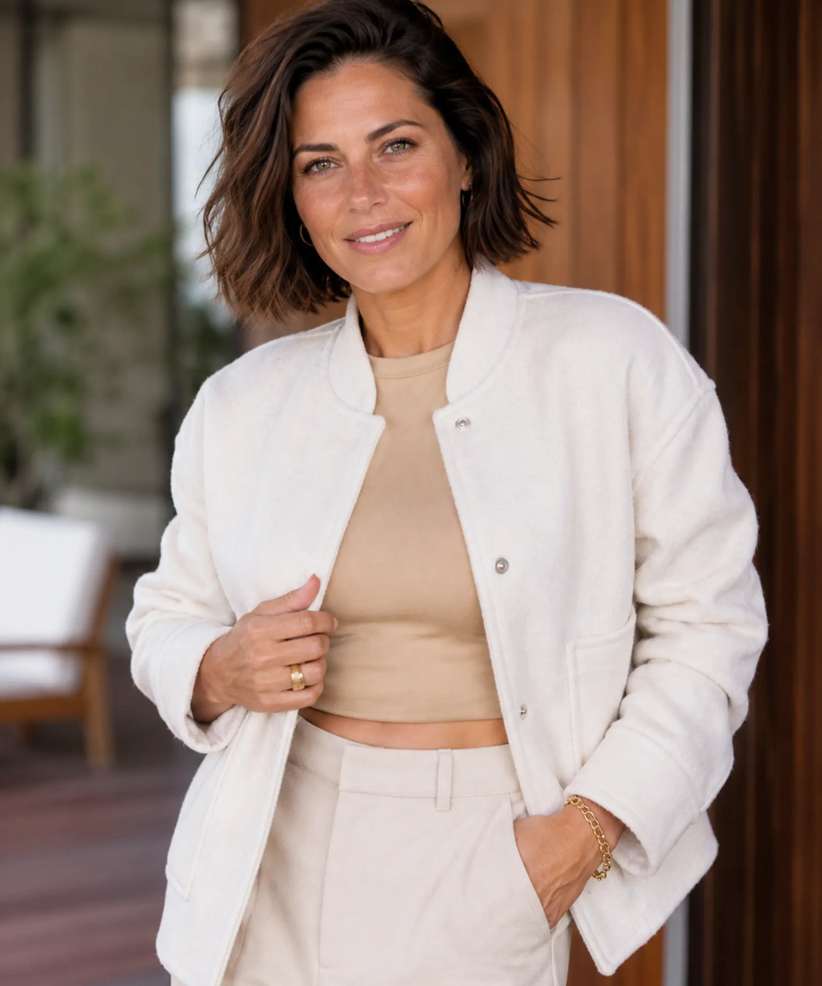 Yellow bouclé bomber jacket with relaxed oversized fit
