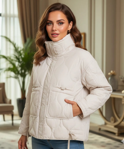 Avery puffer jacket olive green – front zip and high collar detail