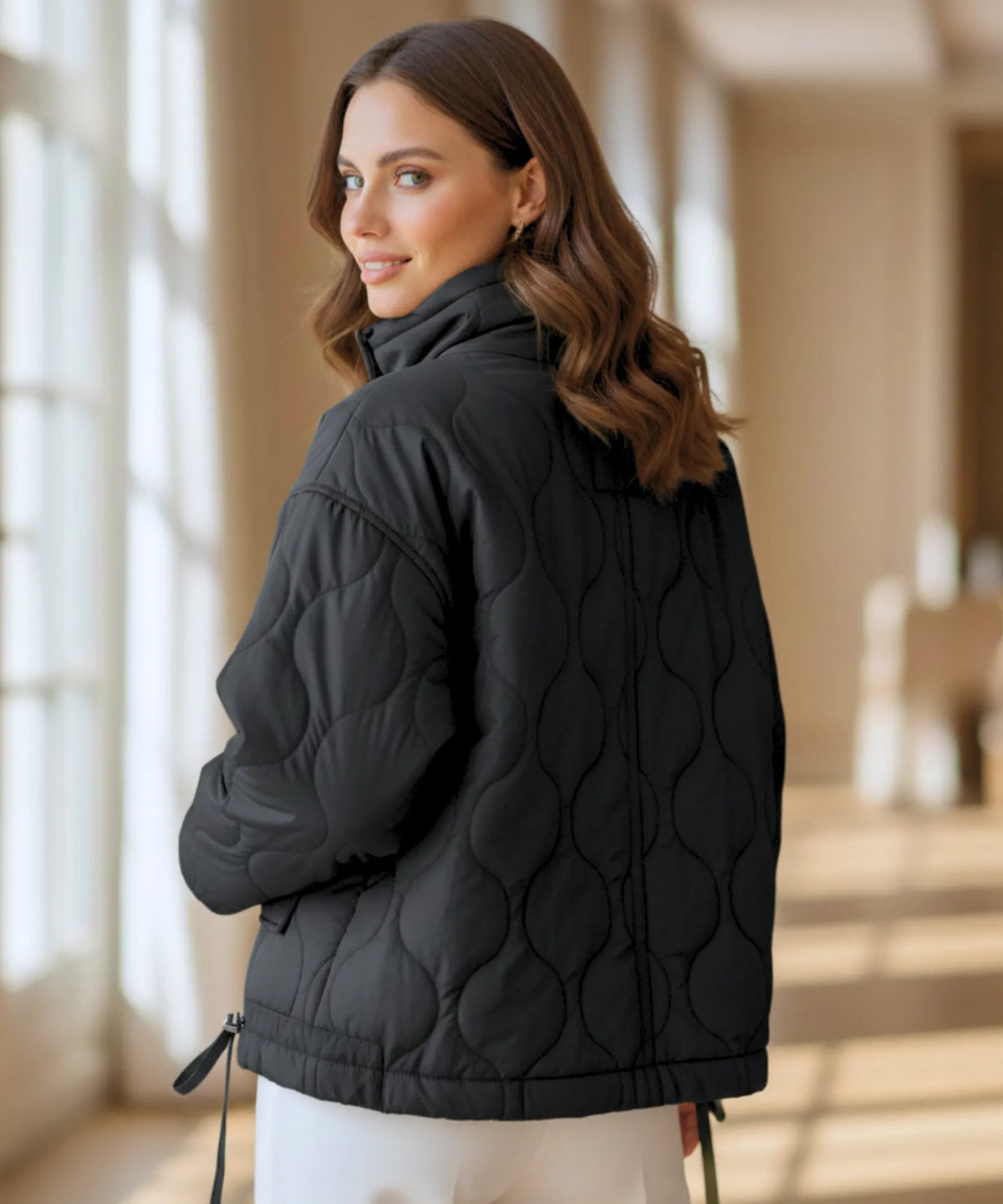 Women's quilted puffer jacket in mocha – oversized fit full length view