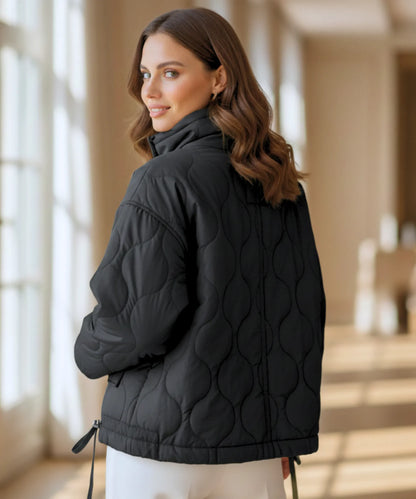 Women's quilted puffer jacket in mocha – oversized fit full length view