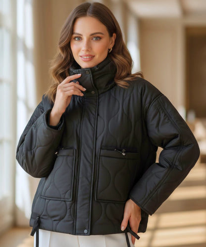 Avery oversized puffer jacket mocha – geometric quilted pattern close-up