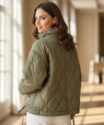 Quilted geometric stitching detail on women's oversized puffer jacket
