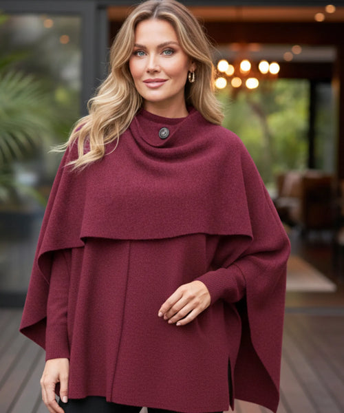 Women's oversized wool wrap coat in burgundy with shawl collar