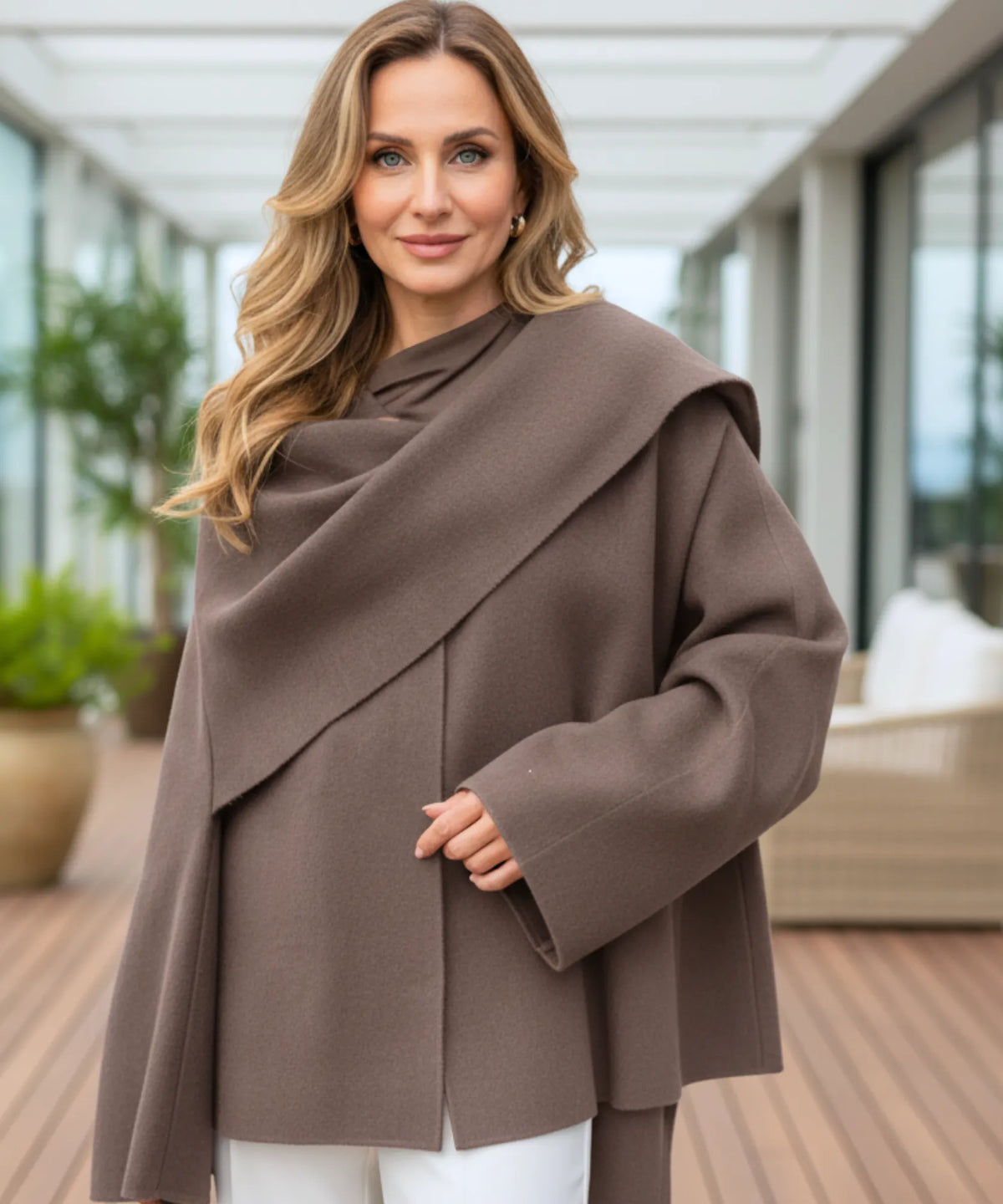 Reinforced seam detail on oversized wool wrap coat
