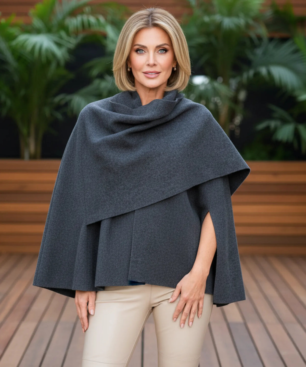 Women wearing burgundy wool wrap coat at a social event